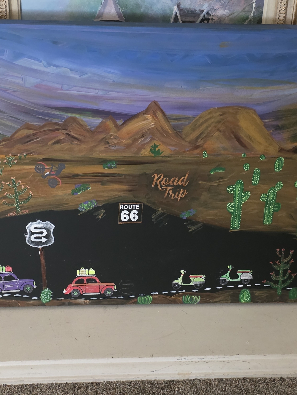 Road Trip Desert Wall Art Painting in Blue, Brown, Green Snake Head . Charity